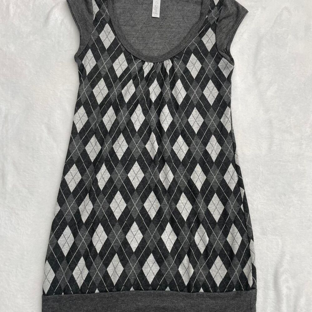 Argyle Mini Dress Women's L Workwear Fitted Boho Y2K Vintage Rachel Green